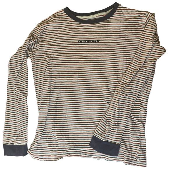 Quiksilver stitched logo long sleeve red blue stripe tee shirt regular fit 16 XL - Picture 1 of 3